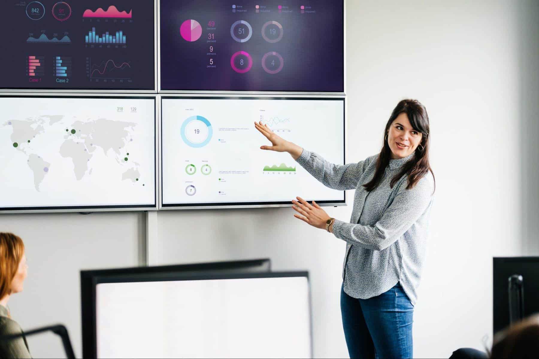 A woman is demonstrating data-driven marketing on a monitor to a group of people.