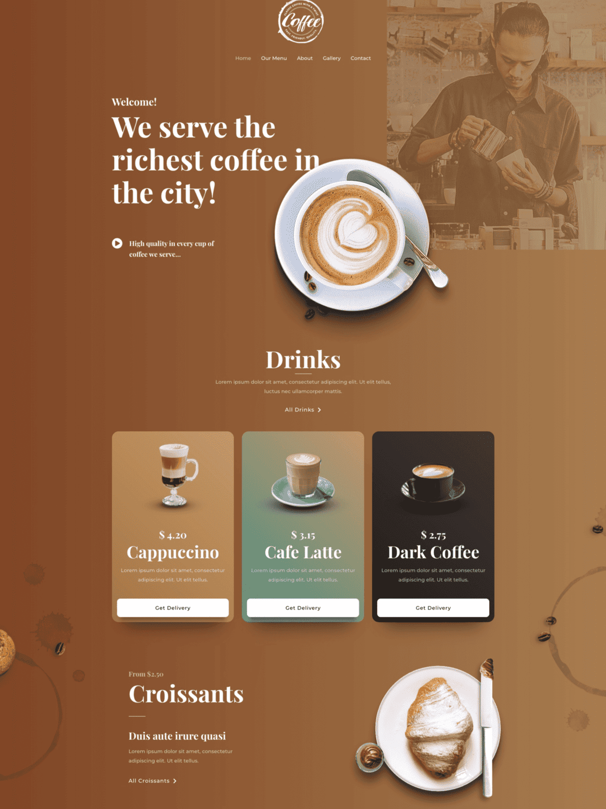 A coffee shop website with a brown and beige color scheme, designed for web development of great websites for small businesses.