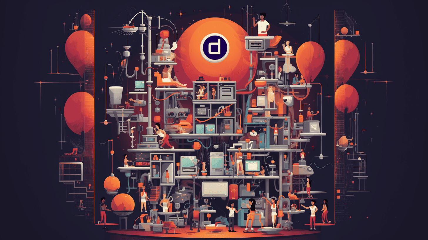 An illustration highlighting a nonprofit's tech stack with people in a building setting.
