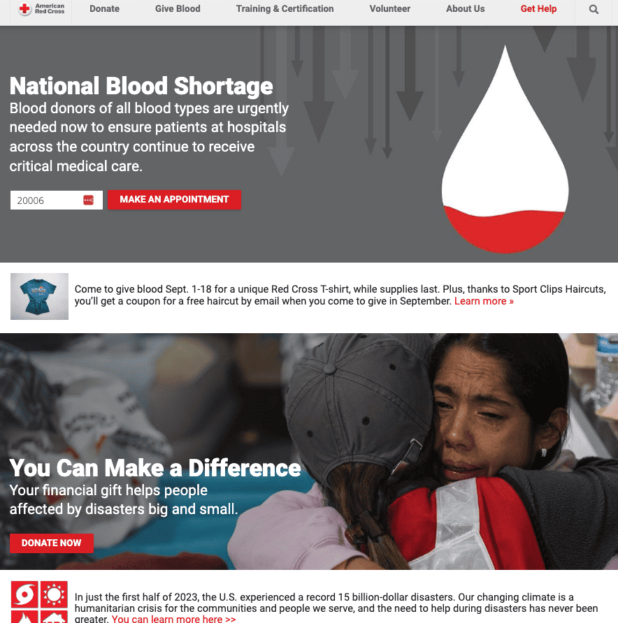 National blood storage homepage with donation page optimization.