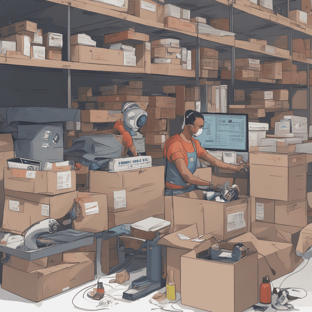 An illustration of people working in a warehouse in the modern era.