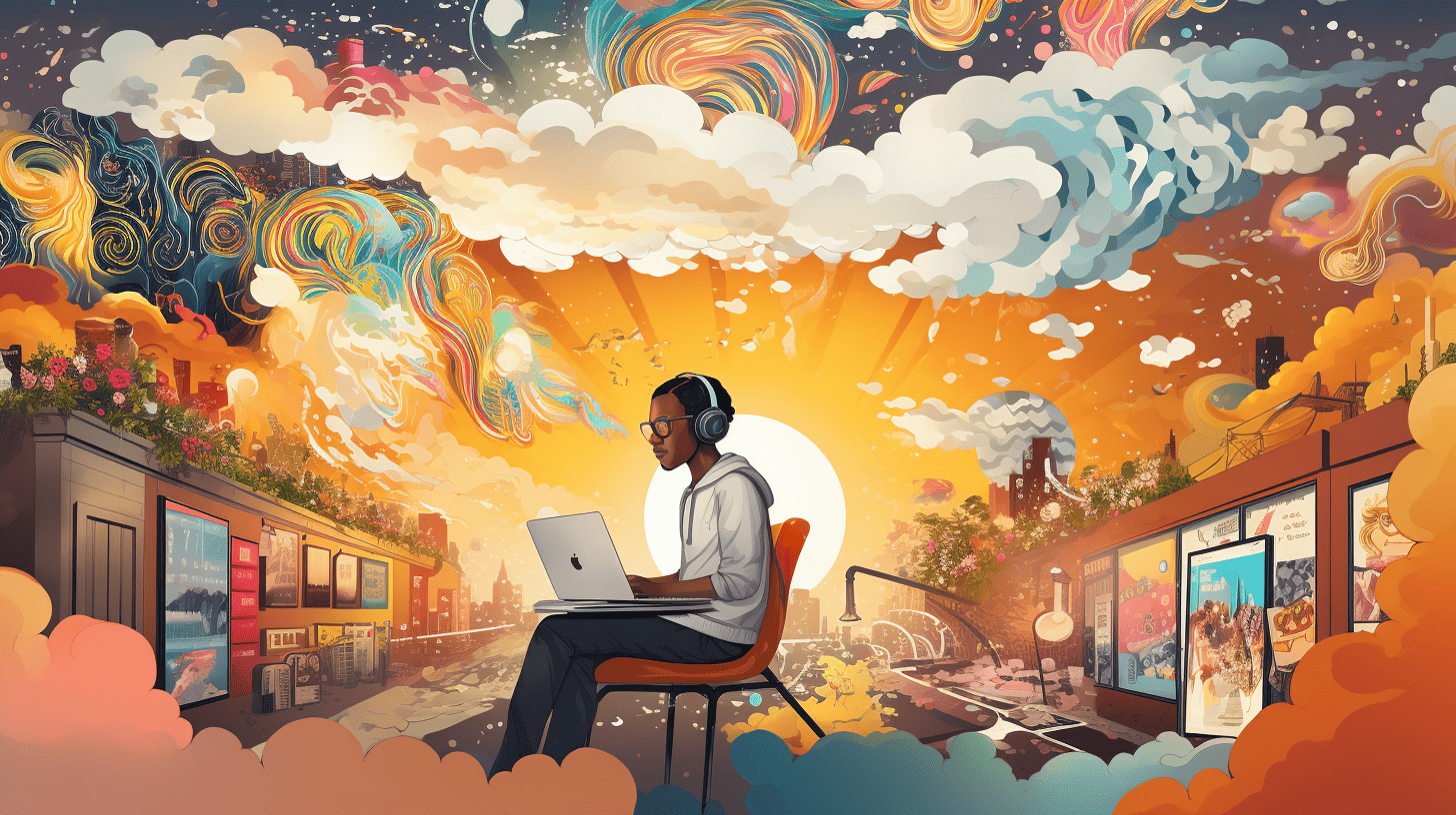 An illustration of a man working on a laptop in a city, showcasing the use of AI Training for nonprofits.