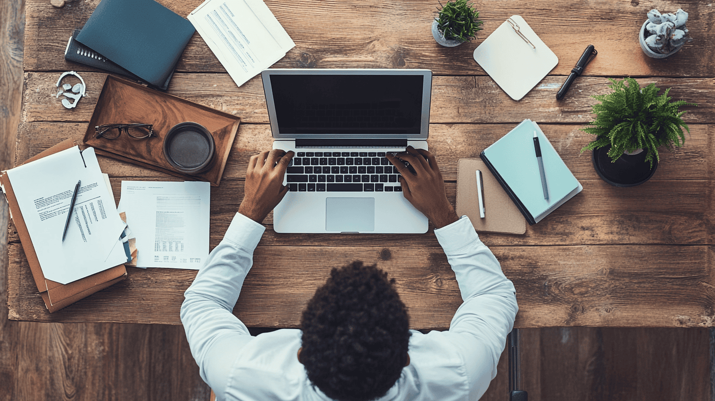 Person typing on a laptop at a cluttered wooden desk with documents, a smartphone, a plant, and a cup of coffee, likely deep into revitalizing your website.