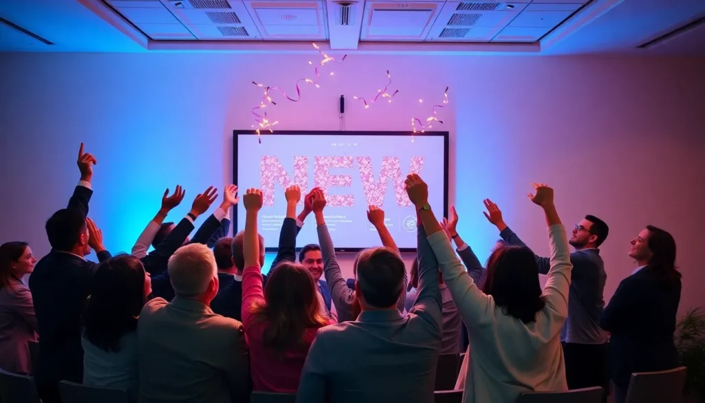 People sit in a conference room with hands raised, facing a screen displaying the word "NEW" with confetti. The room, glowing in blue and purple lights, buzzes with excitement as they discuss the latest strategies in SEO Miami.