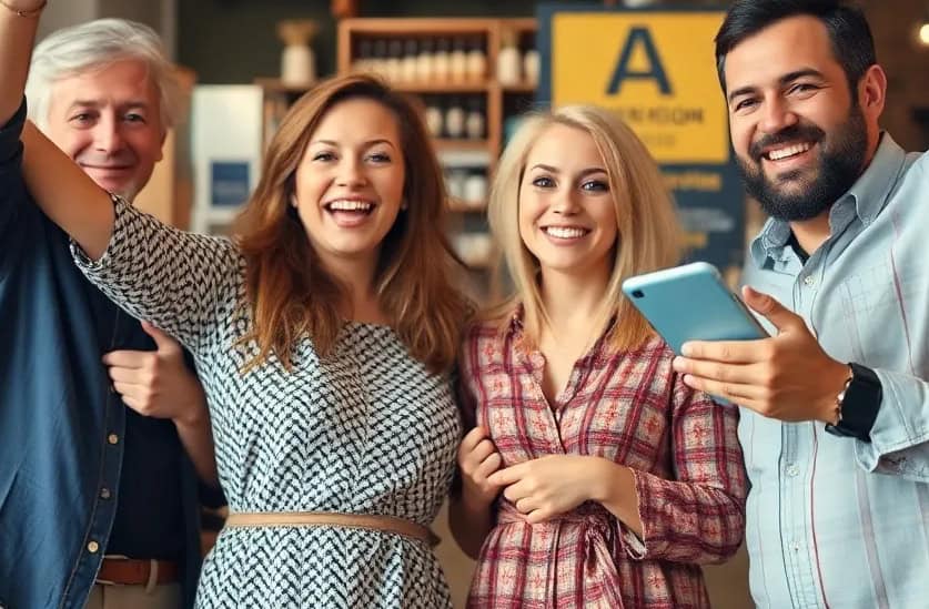 Four people smiling, one holding a tablet, gathered indoors with shelves in the background. They seem to be discussing digital advertising strategies.