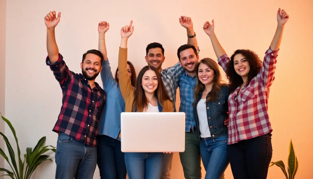 A group of seven people standing close together, smiling and raising their hands in celebration. A woman in the middle is holding a laptop, showcasing their success in digital marketing services for small businesses. They are indoors, with a warm-toned background.