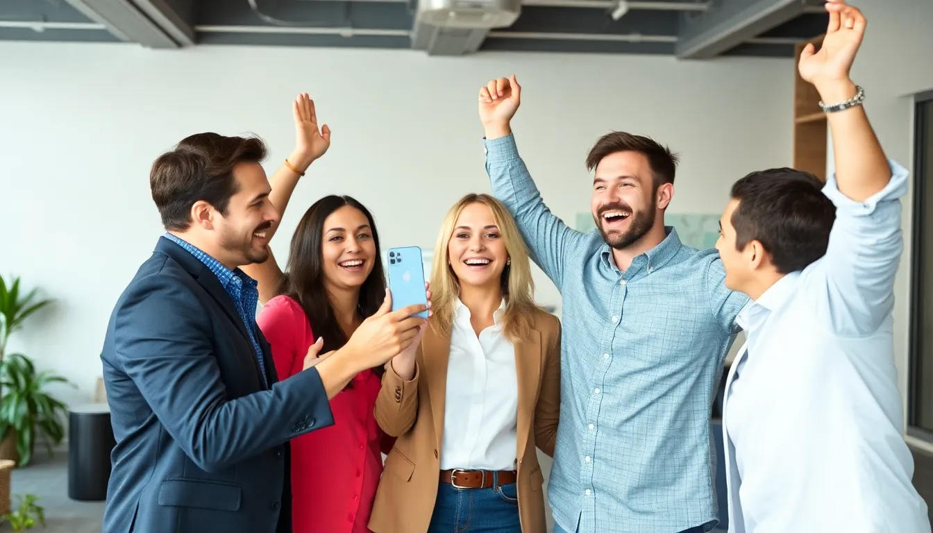 A group of five people, casually dressed, smile and raise their arms in a celebratory manner while looking at a smartphone in an office setting, celebrating their successful digital content strategy.