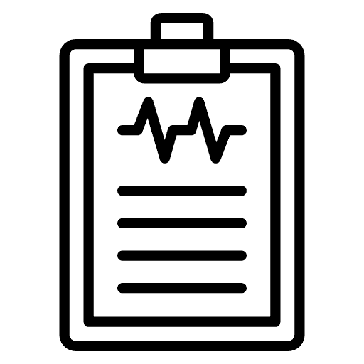 Icon of a clipboard with a paper containing a heartbeat line and lines of text, symbolizing AI solutions for small businesses, ensuring precision and efficiency.