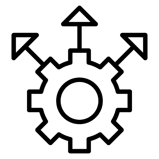 Icon of a gear with three outward-pointing arrows, symbolizing process improvement or expansion, ideal for AI solutions tailored to small businesses.