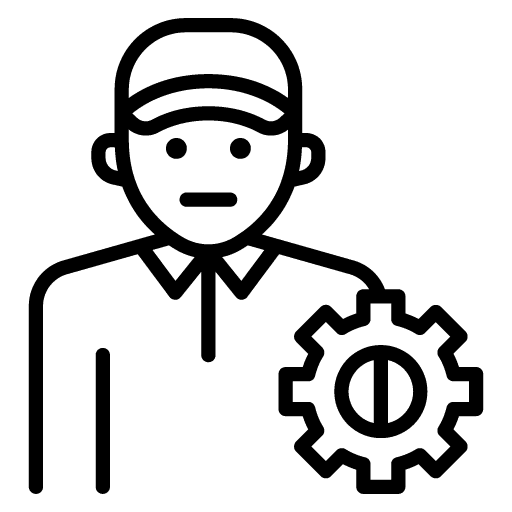 Line icon of a person wearing a cap with a gear symbol next to them, representing a technician providing AI solutions for small businesses.