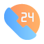 Gradient blue and orange icon of a phone handset with the number 24 in white, indicating 24-hour availability.