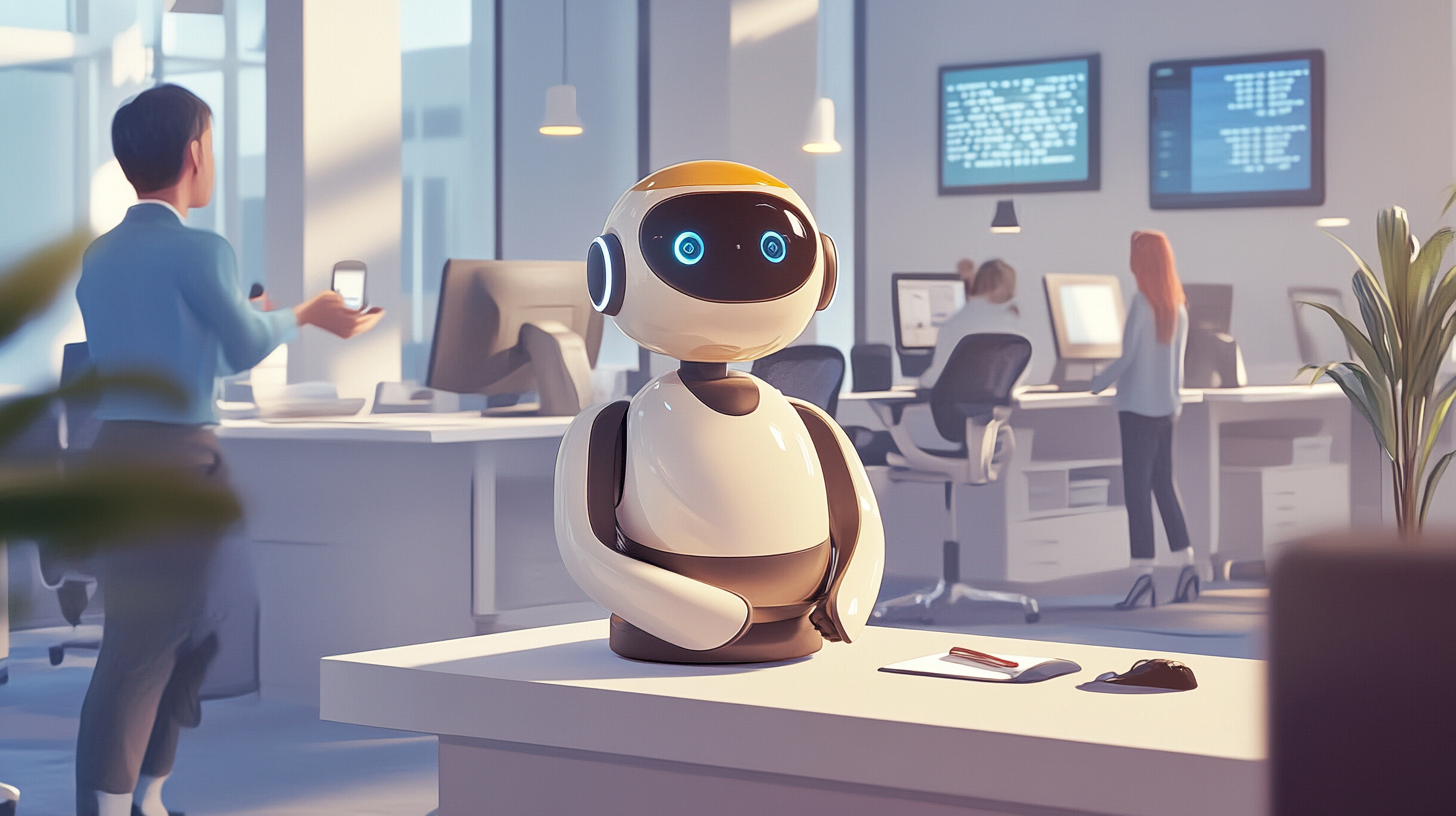 A cute robot equipped with AI Answering Services sits on a desk in a brightly lit office, while people work diligently in the background.