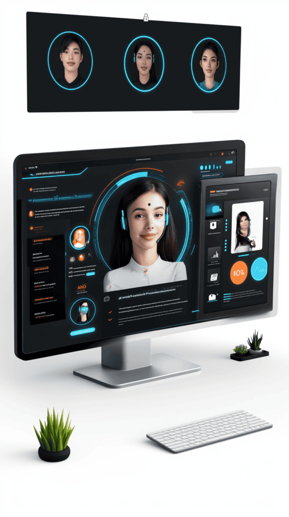 A computer screen displays a futuristic virtual receptionist interface with a human-like avatar. Three smaller circular images of the avatar's face are shown on a panel above the screen, embodying the seamless efficiency of digital receptionists in managing tasks.