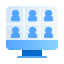 Icon of a blue computer screen displaying six user avatars in two rows, representing a virtual meeting or video conference.