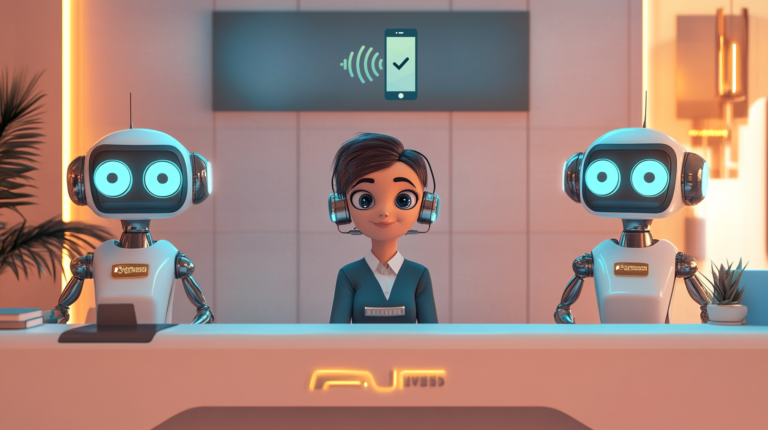 A person sits between two robots at a futuristic reception desk, engaging with cutting-edge conversational AI. A sign with a phone and checkmark is displayed on the wall behind them, hinting at seamless communication and efficiency.