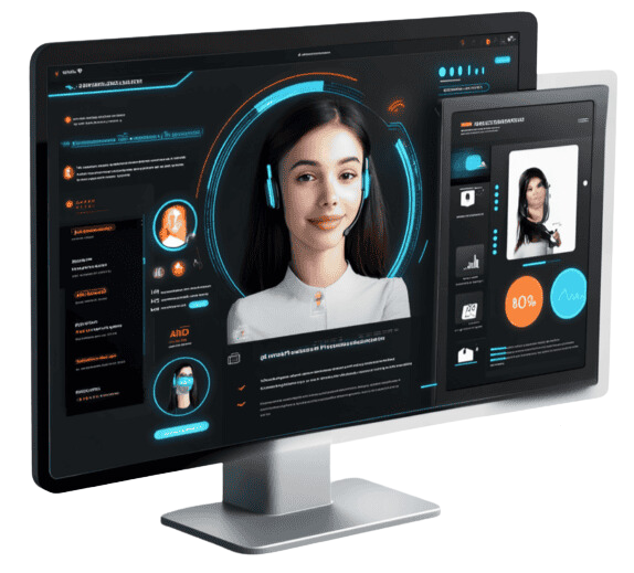 A computer monitor showcases a futuristic user interface, featuring a digital avatar alongside data visualization panels, reminiscent of advanced digital receptionists.