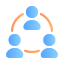 Icon of three blue figures connected by an orange circular line, illustrating network or collaboration.