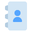 Icon of a blue silhouette of a person on a light blue vertical rectangle, resembling a contact book.