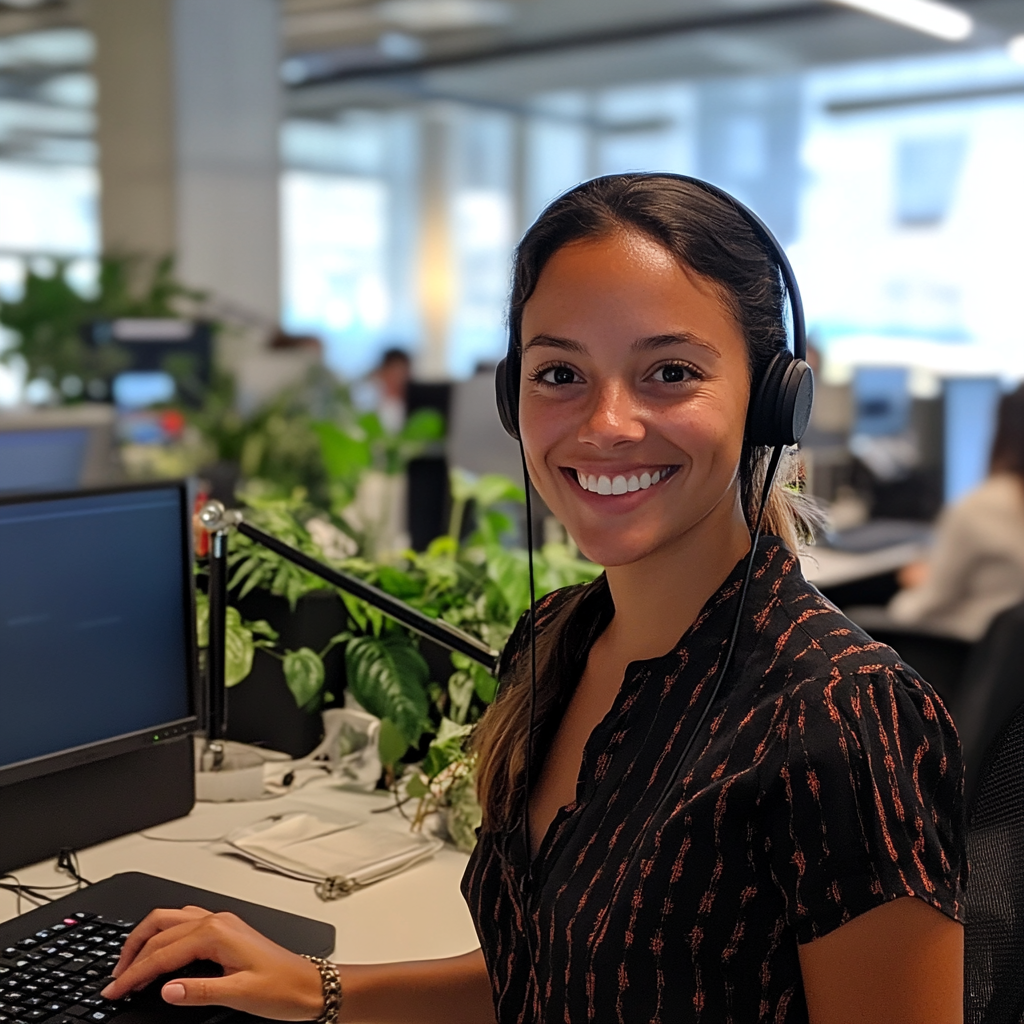 A woman with headphones, embodying Receptionists as a Service (RaaS), smiles at an office desk, surrounded by a computer and lush plants in the background.