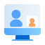 Icon of a computer screen displaying two user avatars, one larger in blue and one smaller in orange.