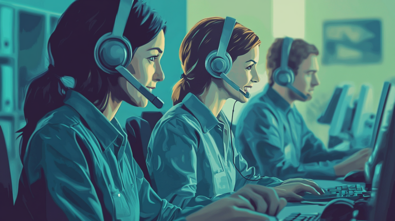 Three customer service representatives, equipped with headsets, work diligently at computers in an office, revolutionizing the way AI enhances customer service.